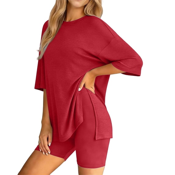 Stichou Womens Two Piece Lounge Set 2026 Summer Oversized Casual Shirts Biker Shorts Matching Airport Travel Clothes Red S