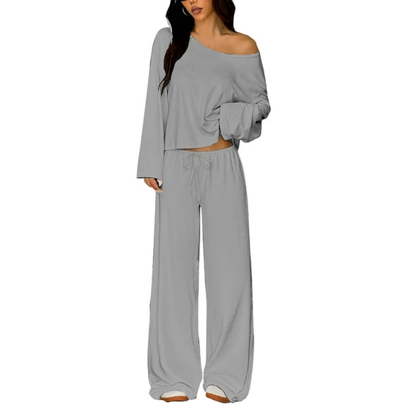 Stichou Womens Two Piece Matching Lounge Sets Vacation Airport 2026 Spring Outfits Off Shoulder Sweatshirt Wide Leg Sweatpant Set Light Gray S