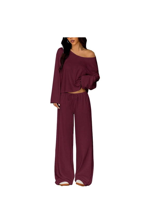Womens Two Piece Matching Lounge Sets Vacation Airport 2026 Spring Outfits Off Shoulder Sweatshirt Wide Leg Sweatpant Set Wine S