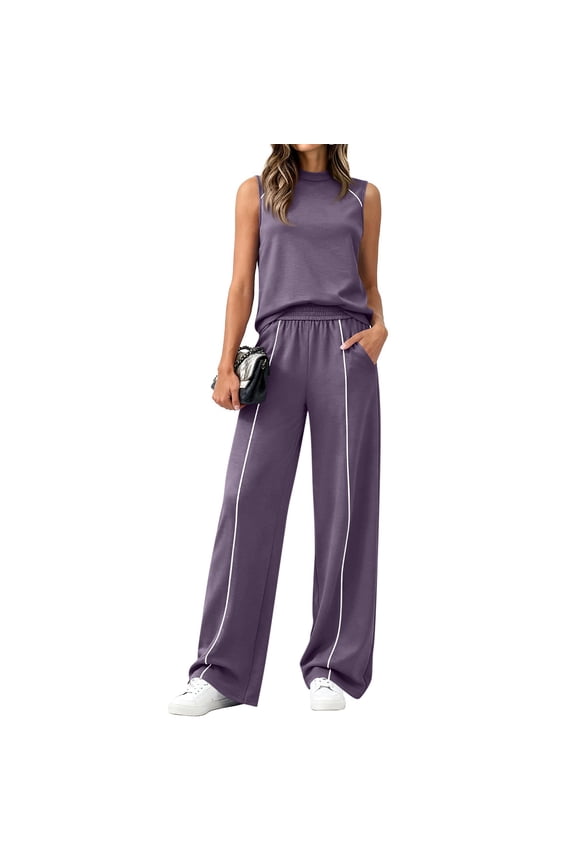 Womens Two Piece Sets Summer Outfits 2026 Lounge Sets Mock Neck Sleeveless Tank Tops Wide Leg Pants Athletic Travel Matching Sets Purple L