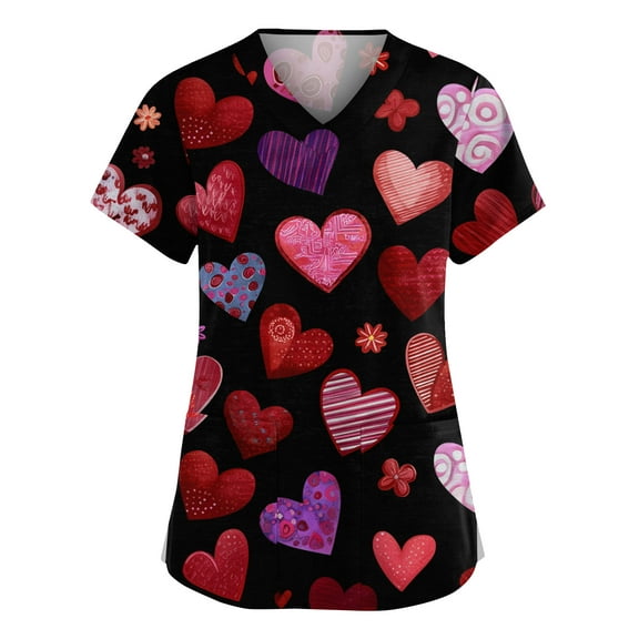 Stichou Womens Valentines Scrub Tops Plus Size Love Heart Print Funny Short Sleeve Medical Nursing Uniforms Comfort V-Neck Casual Clothes with Pockets Red M