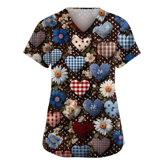 Stichou Womens Valentines Scrub Tops Plus Size Love Heart Print Happy Short Sleeve Working Uniforms Soft V Neck Casual T Shirts with Pockets Light Brown 5XL