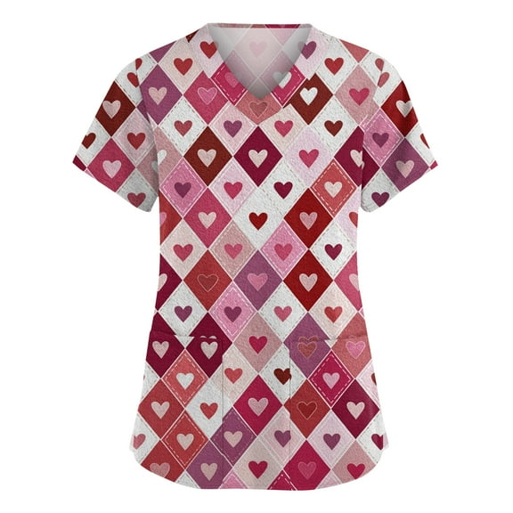 Stichou Womens Valentines Scrub Tops Plus Size Love Heart Print Happy Short Sleeve Working Uniforms Soft V-Neck Workout Clothes with Pockets Pink S