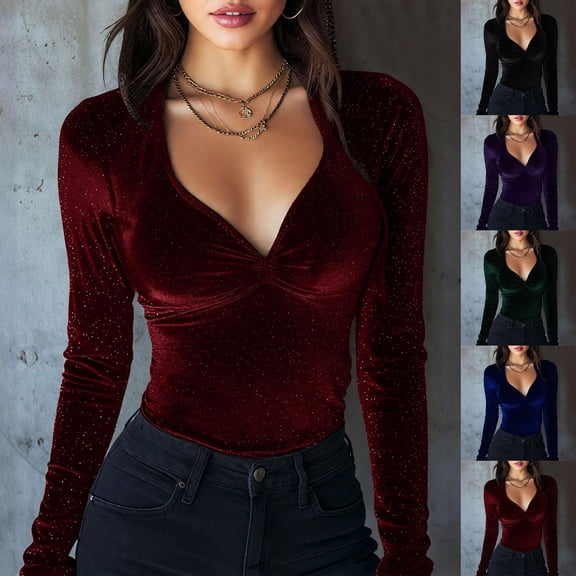Stichou Womens Velet Shirts 2026 Spring V Neck Long Sleeves Pleated Slim Fit Solid Sparkly Trendy Party Pullover Tee Blouse Wine L