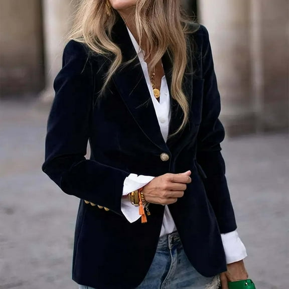 Stichou Womens Velvet Blazer Slim Fit One Button Blazer Jacket Winter Work Blazer Casual Lapel Cardigan Office Suit Black L