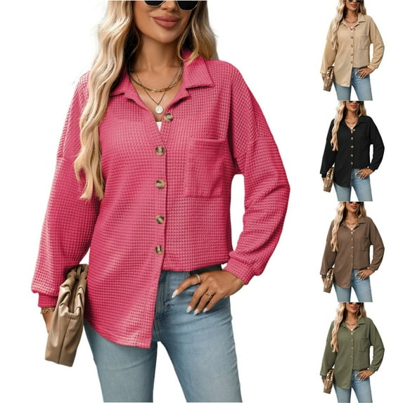 Stichou Womens Waffle Button Down Shirts Casual Long Sleeve Knit Trendy Fall Shacket Jacket Boyfriend Tops Hot Pink S
