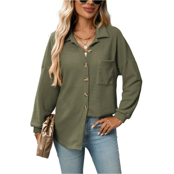 Stichou Womens Waffle Knit Button Down Shirts Tops Casual V Neck Long Folded Sleeve Dressy Blouses Army Green 2XL
