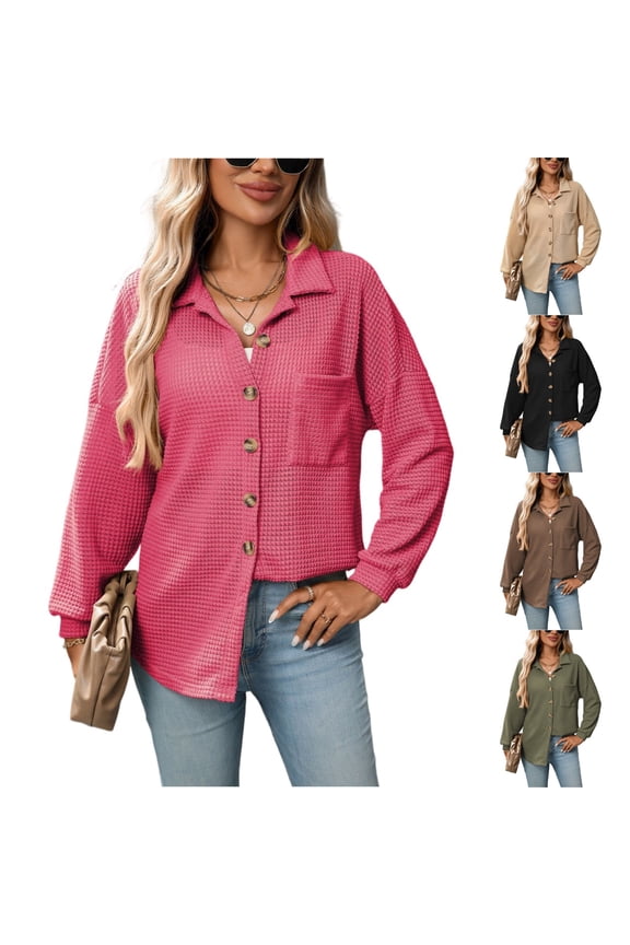 Womens Waffle Knit Button Down Shirts Tops Casual V Neck Long Folded Sleeve Dressy Blouses Hot Pink 2XL