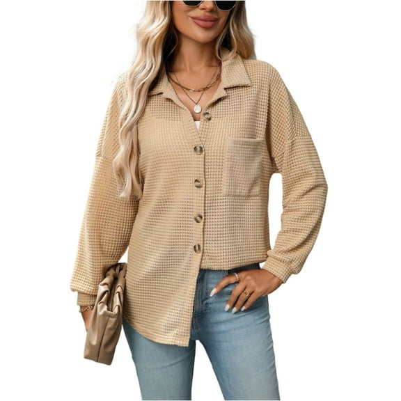 Stichou Womens Waffle Knit Button Down Shirts Tops Casual V Neck Long Folded Sleeve Dressy Blouses Khaki M