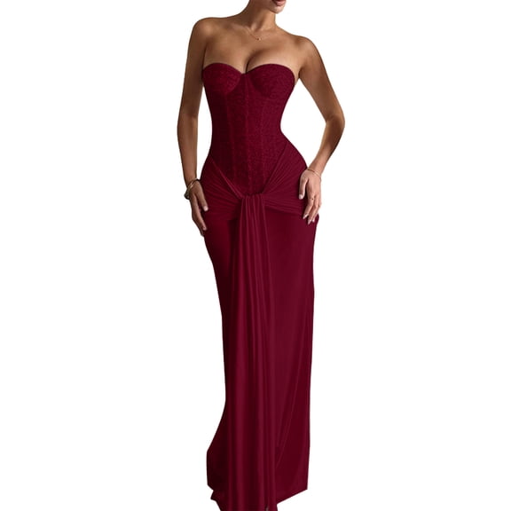 Stichou Womens Wedding Guest Dress 2026 Long Satin Bodycon Pleated Prom Dress Mesh Hem Strapless Corset Formal Evening Gowns Wine XS