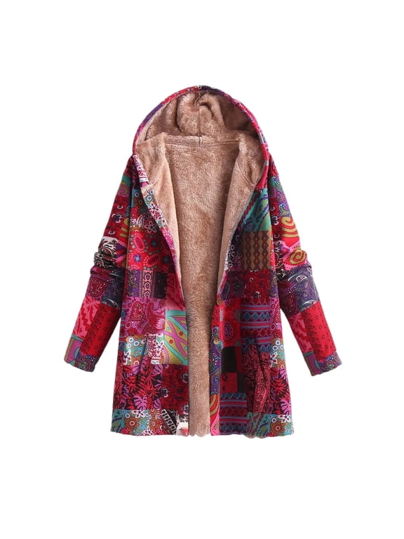 Womens Winter Button Up Patchwork Western Ethnic Style Sherpa Fleece Lined Hooded Jacket Coat Linen Long Sleeve Warm Liner Pocket Coat Hot Pink L