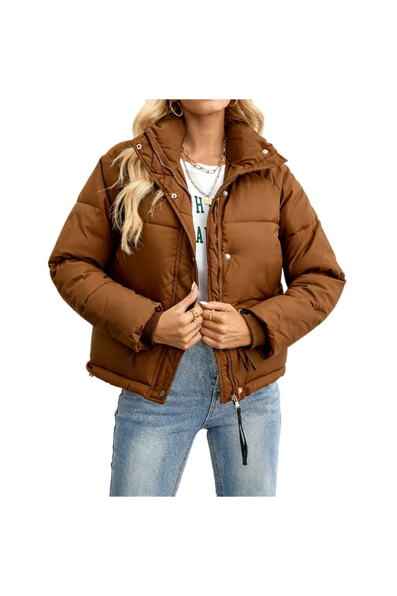 Womens Winter Cropped Puffer Jacket Hooded Zip Up Short Warm Quilted Puffer Coat Outerwear Coffee 2XL