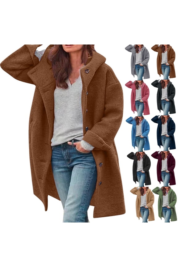 Womens Winter Warm Fleece Woolen Long Hooded Jacket Oversized Button Down Casual Fall Pea Coat with Pockets Coffee S
