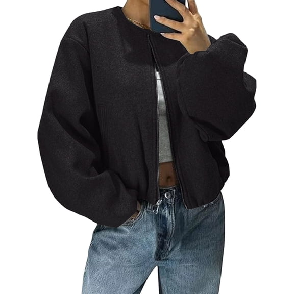 Stichou Womens Wool Blend Cropped Bomber Jacket Zip Up Collarless Casual Lightweight Trendy Outerwear Coat with Pockets Black M