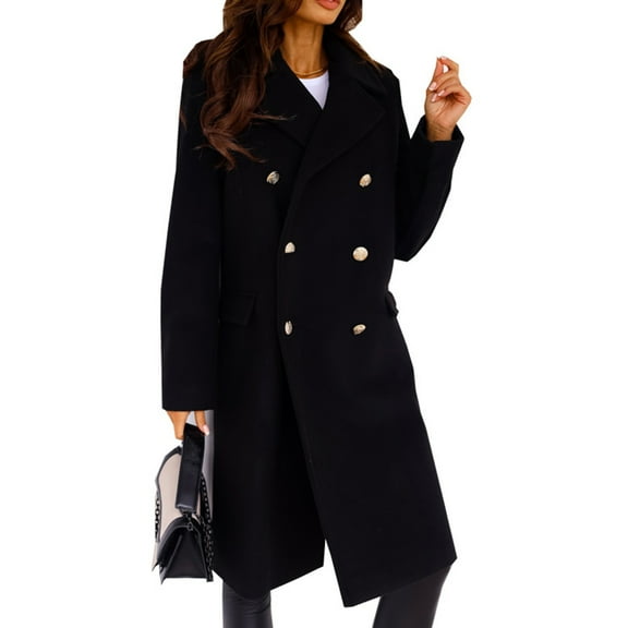 Stichou Womens Wool Blend Pea Coat Jacket Casual Fall Winter Lapel Double Breasted Office Work Long Overcoat Black XL