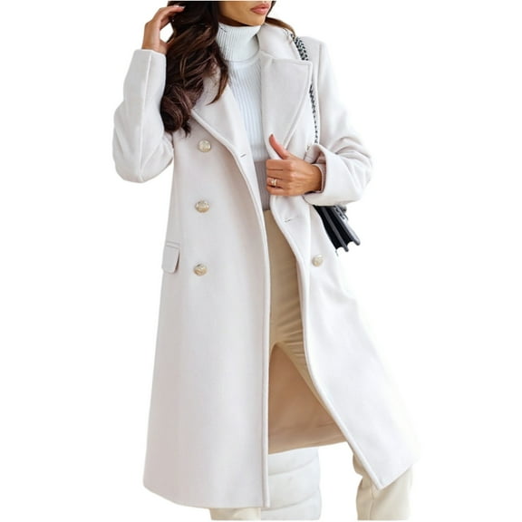 Stichou Womens Wool Blend Pea Coat Jacket Casual Fall Winter Lapel Double Breasted Office Work Long Overcoat White XL