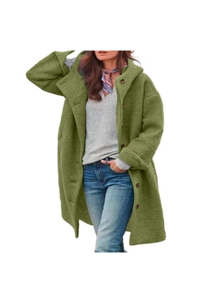 Womens Wool Blend Pea Coat Winter Warm Single Breasted Hooded Trench Coat Casual Office Work Dressy Outwear Jacket Army Green XL