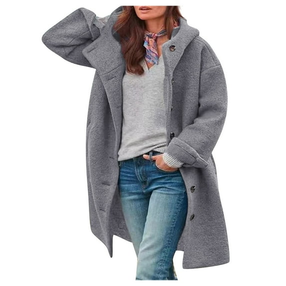 Stichou Womens Wool Blend Pea Coat Winter Warm Single Breasted Hooded Trench Coat Casual Office Work Dressy Outwear Jacket Gray XL