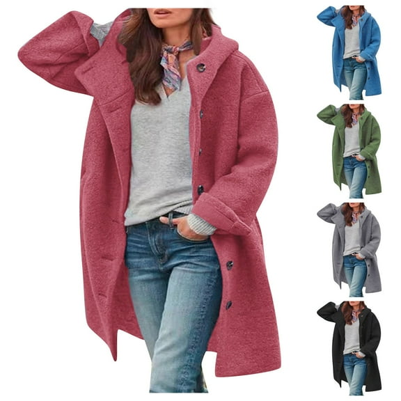 Stichou Womens Wool Blend Pea Coat Winter Warm Single Breasted Hooded Trench Coat Casual Office Work Dressy Outwear Jacket Pink XL