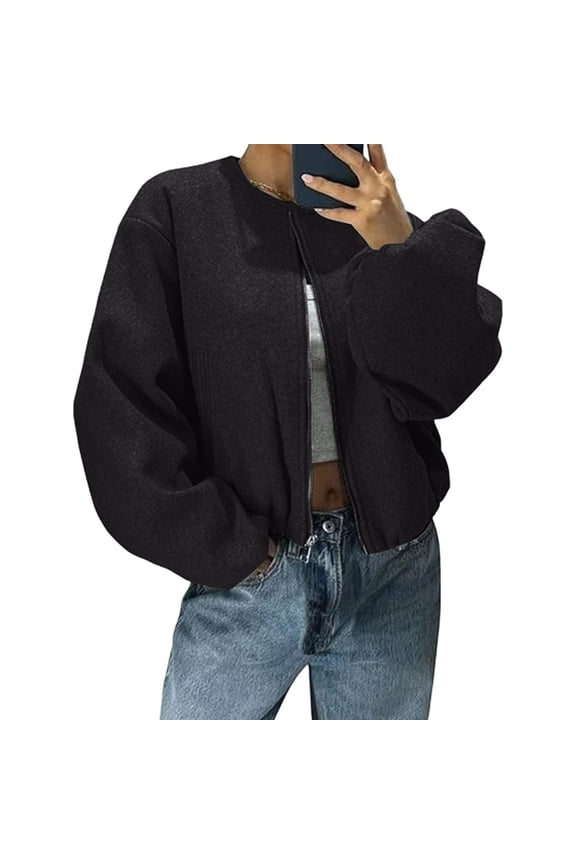 Womens Wool Coats Oversized Cropped Bomber Jackets Casual Long Sleeve Zip up Jackets Fall Winter Outwear with Pockets Black 2XL