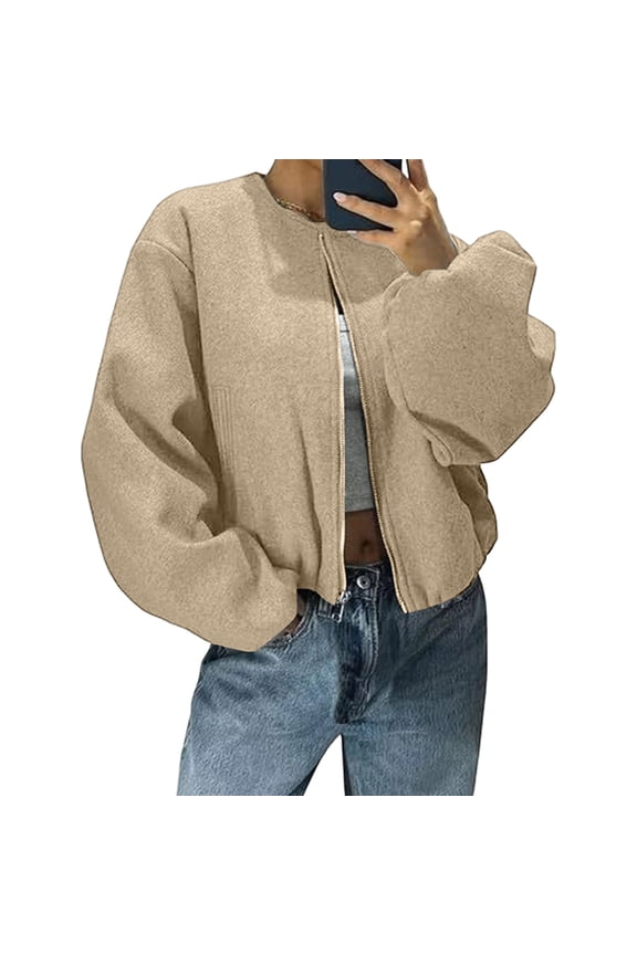 Womens Wool Coats Oversized Cropped Bomber Jackets Casual Long Sleeve Zip up Jackets Fall Winter Outwear with Pockets Khaki 2XL