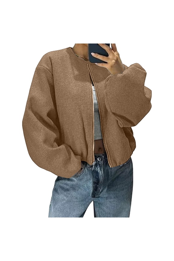 Womens Wool Coats Oversized Cropped Bomber Jackets Casual Long Sleeve Zip up Jackets Spring Winter Outwear with Pockets Coffee XL