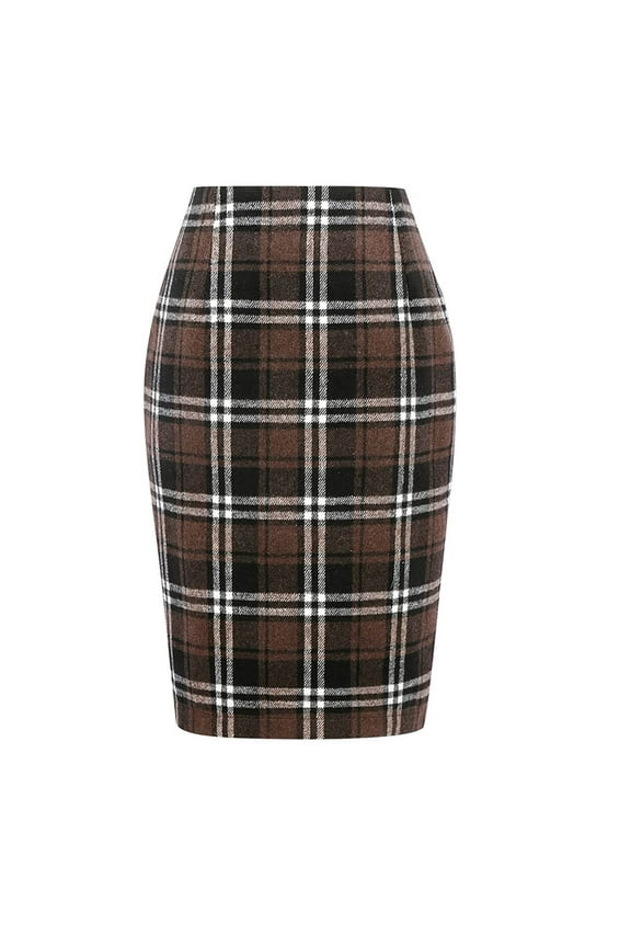 Womens Wool Plaid Pencil Skirt Fall Winter High Waisted Slit Bodycon Knee Length Midi Skirt Coffee M