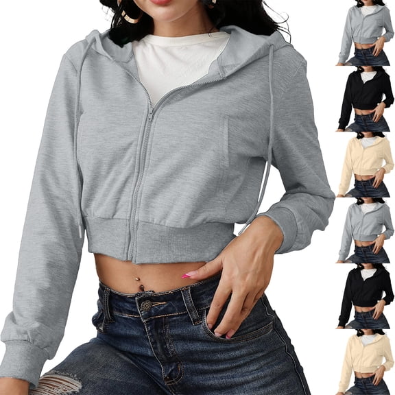 Stichou Womens Zip Up Cropped Hoodies Long Sleeve Sweatshirts Casual Jackets Fall Fashion 2026 Winter Spring Clothes Gray M