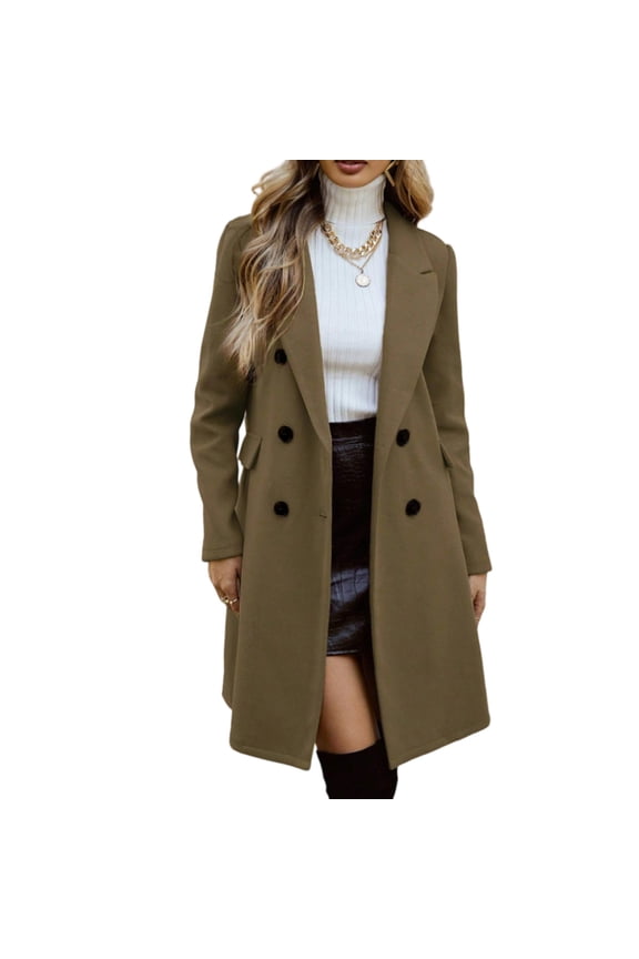 Wool Coats for Women Fall Winter Peacoat Double Breasted Lapel Long Trench Coat Blazer Jackets with Pockets Green 2XL