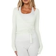thumbnail image 1 of Stichou Y2k Ballet Pilates Wrap Top for Women Workout Yoga Dance Long Sleeve Wrap Shirt Slim Tie Front Going Out Crop Tops White L, 1 of 5