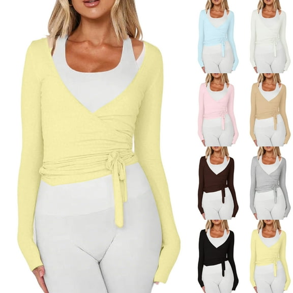Stichou Y2k Ballet Pilates Wrap Top for Women Workout Yoga Dance Long Sleeve Wrap Shirt Slim Tie Front Going Out Crop Tops Yellow S
