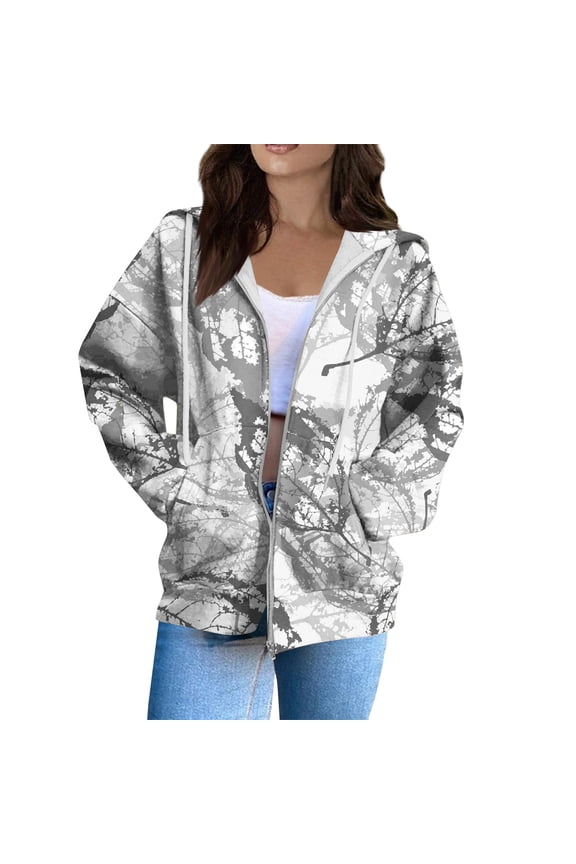 Zip Up Hoodie Fall Camo Sweatshirts for Women Oversized Jacket Leaf Print Clothes for Women 2025 Dark Gray XL