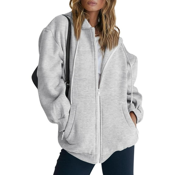 Stichou Zip Up Hoodie Women Long Sleeve Fleece Jacket Fall Winter Casual Comfy Hooded Oversized Sweatshirt with Pockets Light Gray S