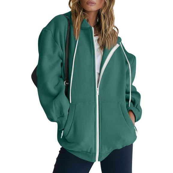 Stichou Zip Up Hoodie Women Oversized Fall Fashion Long Sleeve Winter Hooded Sweatshirts Casual Y2K Jacket 2025 Winter Clothes Dark Green L