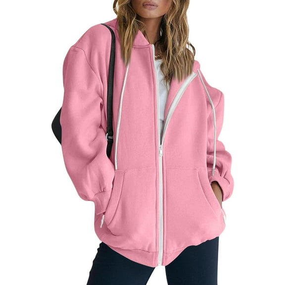 Stichou Zip Up Hoodie Women Oversized Fall Fashion Long Sleeve Winter Hooded Sweatshirts Casual Y2K Jacket 2025 Winter Clothes Pink L
