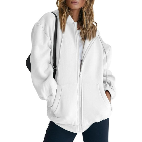 Stichou Zip Up Hoodie Women Oversized Fall Fashion Long Sleeve Winter Hooded Sweatshirts Casual Y2K Jacket 2025 Winter Clothes White L