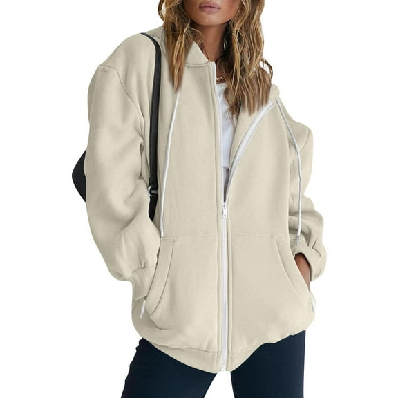 Stichou Zip Up Hoodies for Women Drop Shoulder Fleece Comfy Cute Hoodies Oversized Drawstring Baggy Casual Soft Hooded Jacket Khaki M
