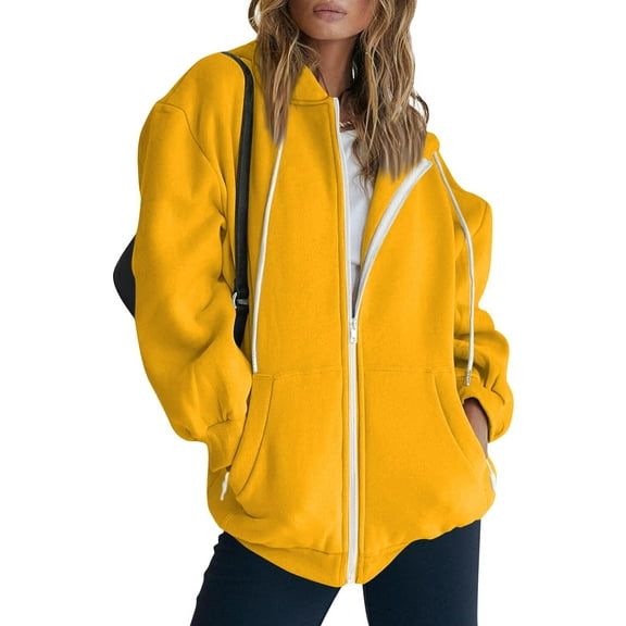 Stichou Zip Up Hoodies for Women Drop Shoulder Fleece Comfy Cute Hoodies Oversized Drawstring Baggy Casual Soft Hooded Jacket Yellow M