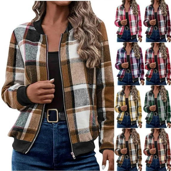Stichou Zip up Flannel Shacket for Women, Casual Zip up Flannel Plaid Jackets Long Sleeve Baggy Outwear Coat Fall Clothes Deep Red XS