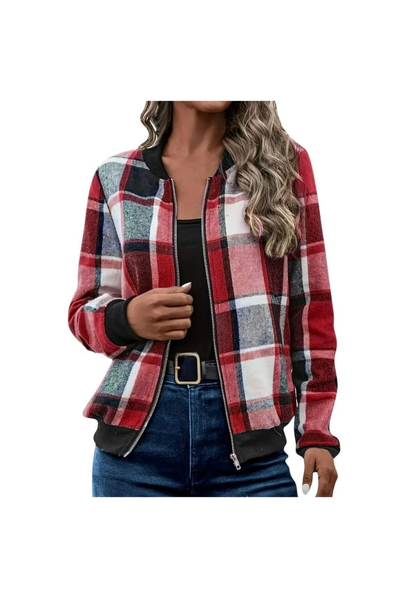 Zip up Flannel Shacket for Women, Casual Zip up Flannel Plaid Jackets Long Sleeve Baggy Outwear Coat Fall Clothes Red XS