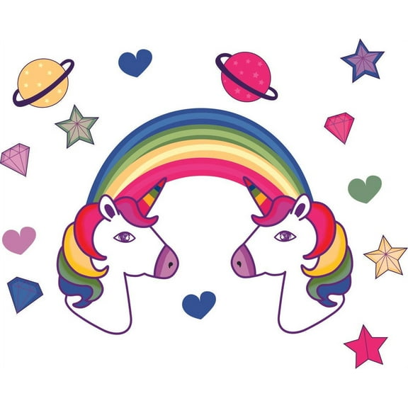 Stick And Peel Multicolored Hearts Diamonds And Stars Design Removable Rainbows And Unicorns Vinyl Home Bedroom Nursery Vinyl Wall Decal - 10" x 15" DIY Kids Bedroom Horse Pony Art Wall Sticker