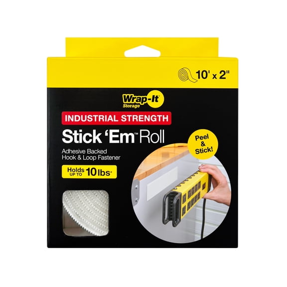 Wrap-It Storage Industrial Strength Stick 'Em Roll - 10' x 2" - Sticky Back Hook and Loop Tape, Wall Hanging Fastener Strips, Holds 10 lb - White