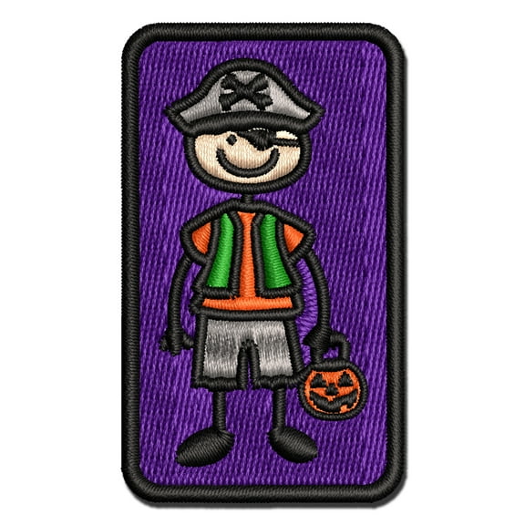 Stick Figure Boy Halloween Pirate Applique Multi-Color Embroidered Iron-On Patch - 2.5 Inch Small