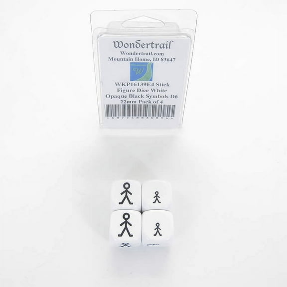 Stick Figure Dice White Opaque Dice with Black Symbols D6 22mm (7/8in) Pack of 4 Wondertrail
