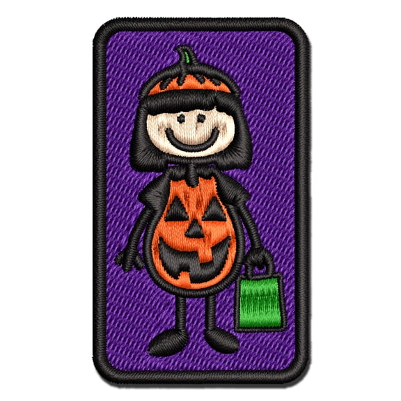 Stick Figure Girl Halloween Pumpkin Applique Multi-Color Embroidered Iron-On Patch - 3.5 Inch Large