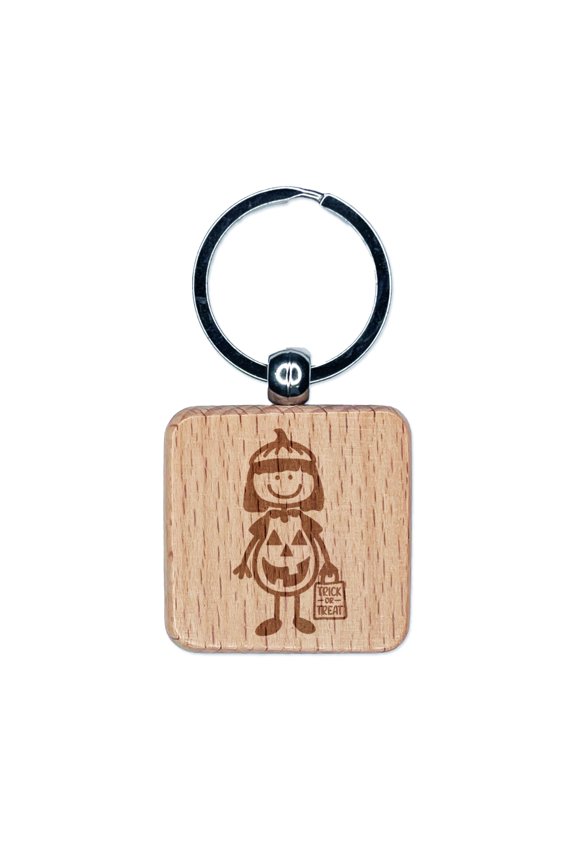 Stick Figure Girl Halloween Pumpkin Square Keychain Charm Tag - Engraved Wood