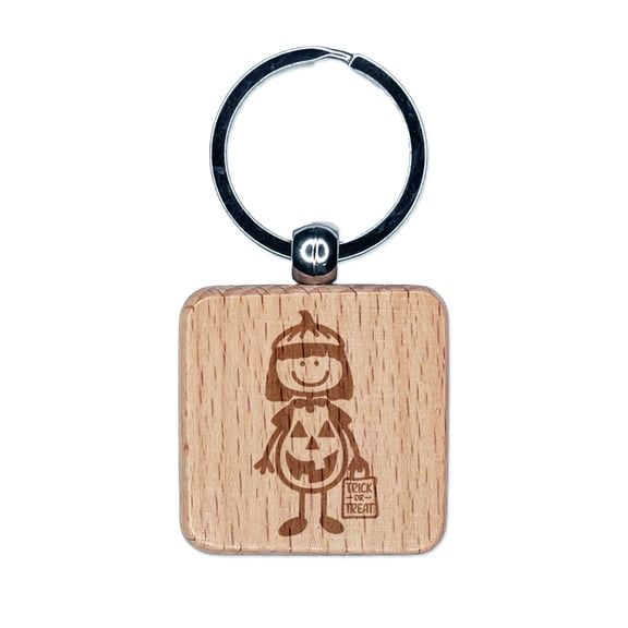 Stick Figure Girl Halloween Pumpkin Square Keychain Charm Tag - Engraved Wood