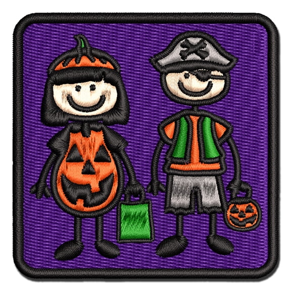 Stick Figure Halloween Trick Or Treaters Kids Applique Multi-Color Embroidered Hook & Loop Patch - 2.0 Inch Mini