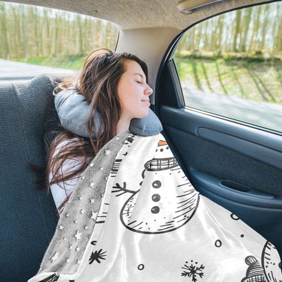 Stick Figure Snowman Travel Blanket Pillow Compact Foldable Airplane Throw Blanket with Trolley Sleeve for Travel Camping