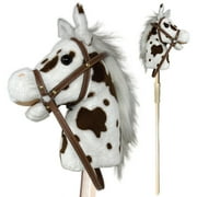 Playful Minds Stick Pony - Pinto - White & Brown Spots, 34" Wood Stick Ride-On, 12" Plush Horse Head, Realistic Animal Sounds, Bridle Reins, Kids 3+